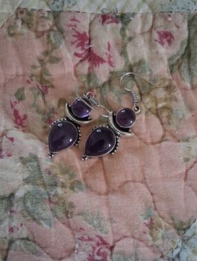 Purple Amethyst Gemstone Sun and Lunar Crescent Moon Earrings (66 11952)